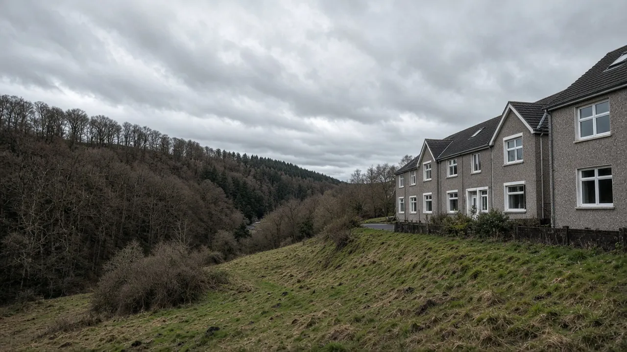 Exposed new-town houses near woodland in East Kilbride, South Lanarkshire (illustrative)