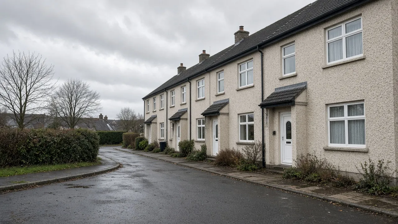 Harled terrace under wet weather in East Kilbride, South Lanarkshire (illustrative)