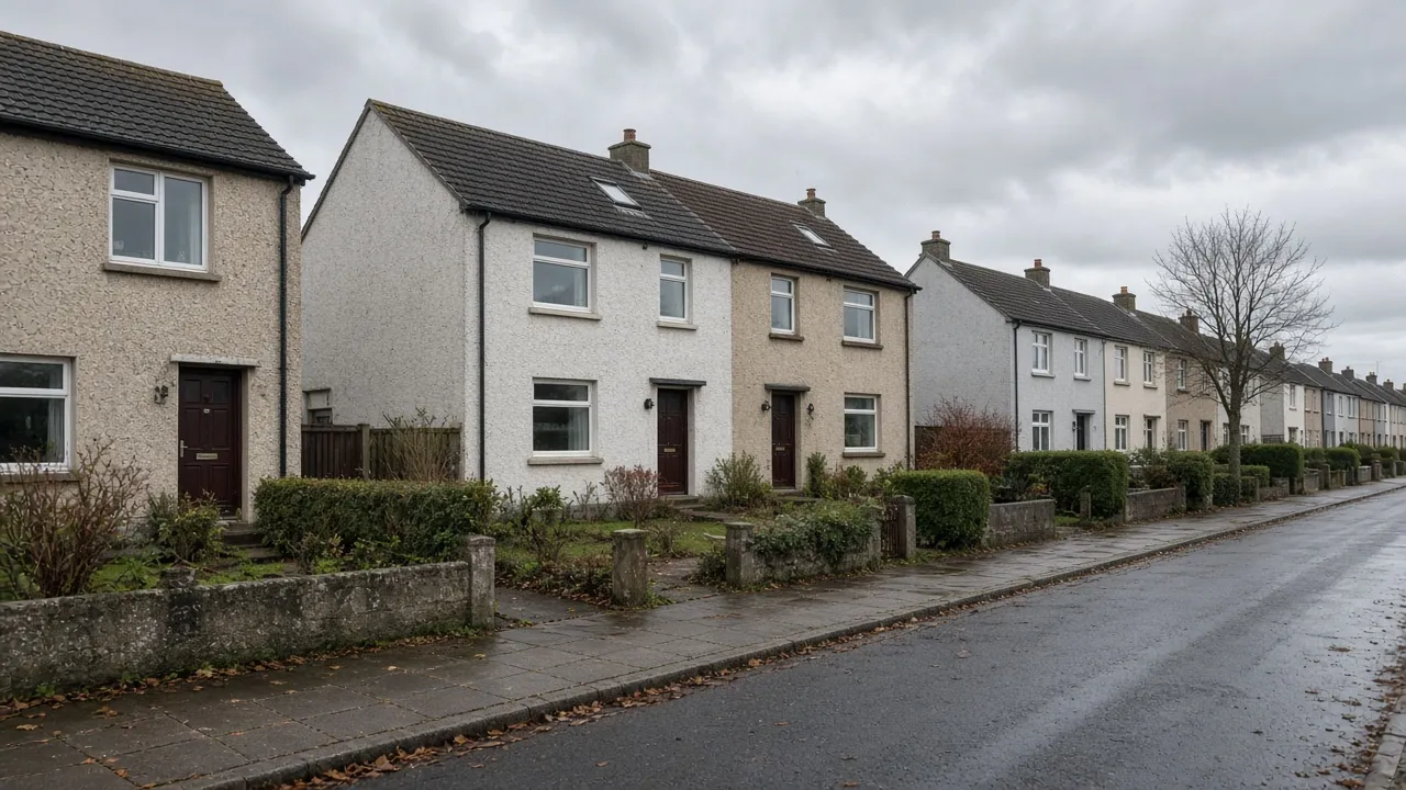 Harled Scottish new-town houses under a grey sky in East Kilbride, South Lanarkshire (illustrative generated image)